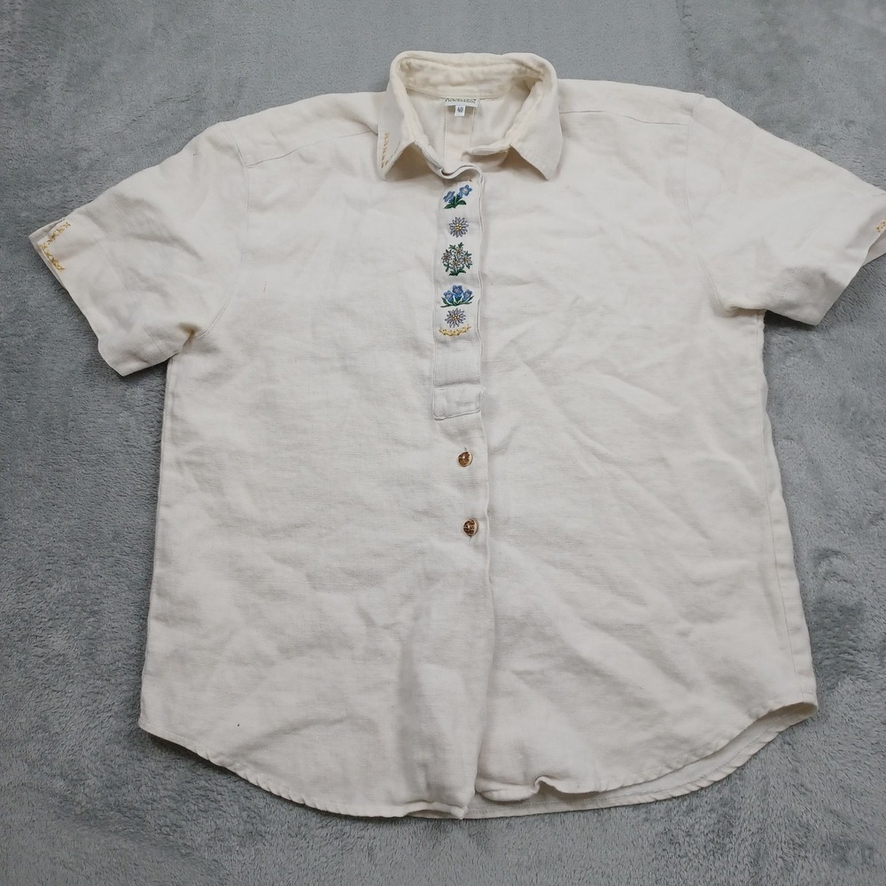 Hess Frackmann Top Womens 40 Beige Linen Button Up Short Sleeve Lagenlook